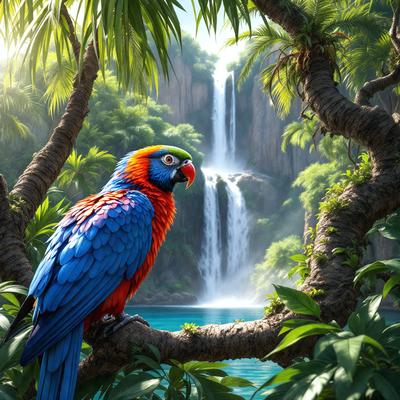 The primary subject of the image is a colorful parrot perched on a tree branch. The setting is a lush, tropical environment with a waterfall in the background. The visual style is a combination of photo and digital art, creating a vibrant and realistic scene. The colors and mood are predominantly blue and green, reflecting the natural beauty of the parrot and its surroundings.